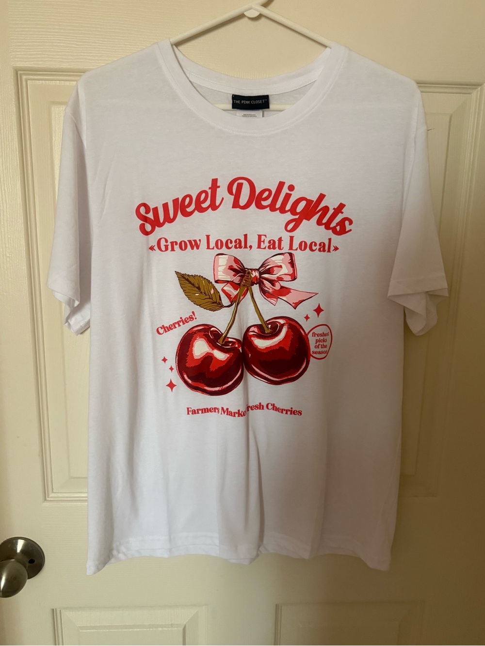 Woman’s “Sweet Delights" White Graphic Tee - Red Cherry Print